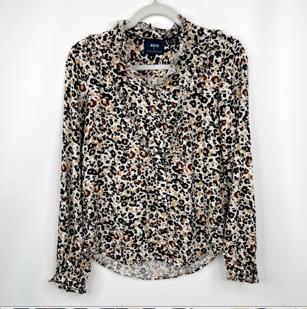 Anthropologie Maeve Katia Top Leopard Prin‎ Long Sleeve Button-Up Sz6